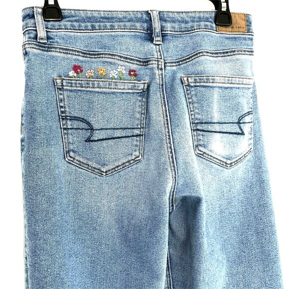 American Eagle Mom Jeans sz 4 Stretch Whiskered Embroidered Blue - Picture 7 of 12